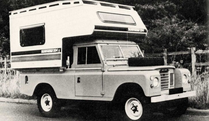 A later moulded-GRP Suntrekker and LWB Land Rover on a road test for a newspaper