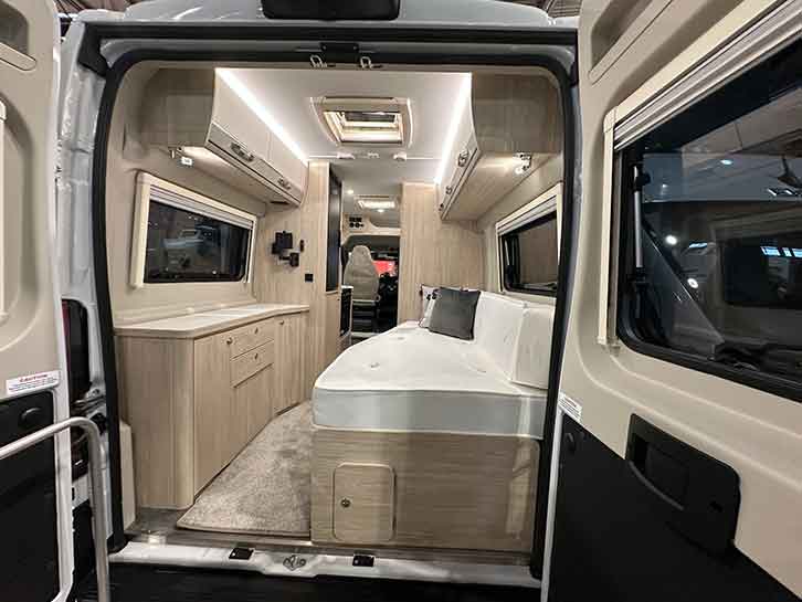 The rear day bed in the Elddis Autoquest CV60 60th Anniversary Edition