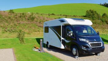 A motorhome pitched up at a campsite