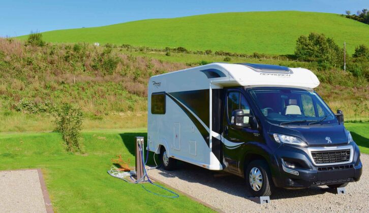 A motorhome pitched up at a campsite