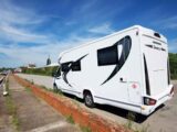 A coachbuilt motorhome from the rear