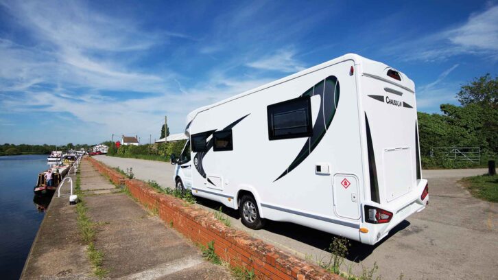 A coachbuilt motorhome from the rear