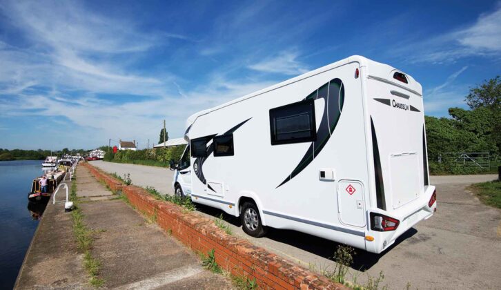 A coachbuilt motorhome from the rear