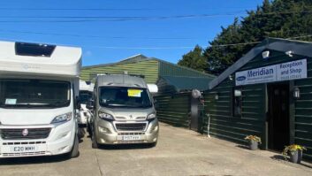 Two motorhomes on the forecourt of Meridian Motorhomes