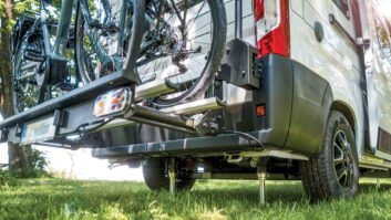 An E&P levelling system on a motorhome with a bike rack on the rear